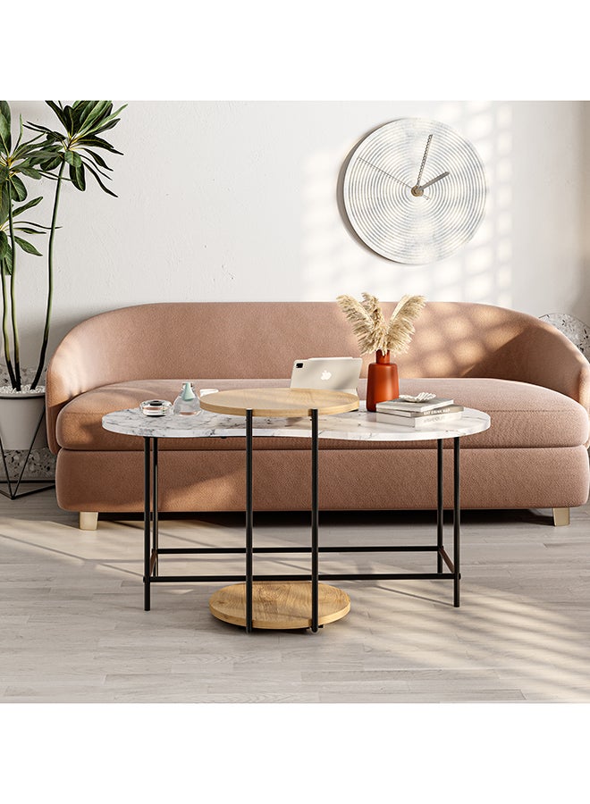 Mourah Home Cuddle Modern Coffee Table Nesting Table 2 Pieces Centre Table For Living Room With Metal Legs Versatile Design| Small Spaces Living Room Bedroom|53.8X102X65Cm | Marble White/Oak- 2 Years Warranty - Image 1