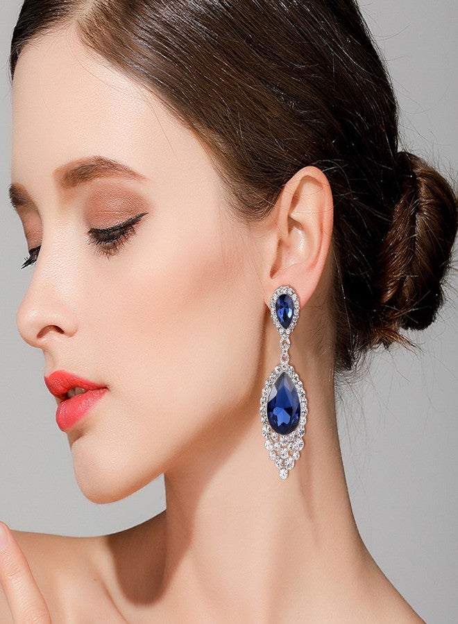 BriLove Wedding Bridal Dangle Earrings for Women Crystal Teardrop Cluster Beads Chandelier Jewelry Navy Blue Sapphire Color Silver-Tone - Image 2