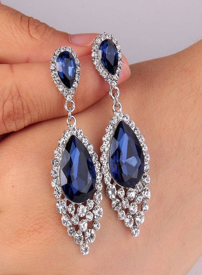 BriLove Wedding Bridal Dangle Earrings for Women Crystal Teardrop Cluster Beads Chandelier Jewelry Navy Blue Sapphire Color Silver-Tone - Image 3