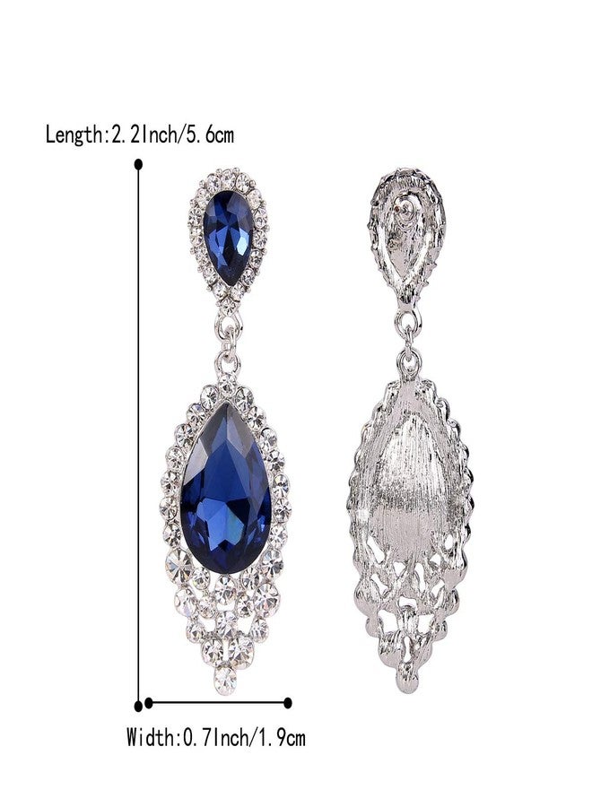 BriLove Wedding Bridal Dangle Earrings for Women Crystal Teardrop Cluster Beads Chandelier Jewelry Navy Blue Sapphire Color Silver-Tone - Image 4