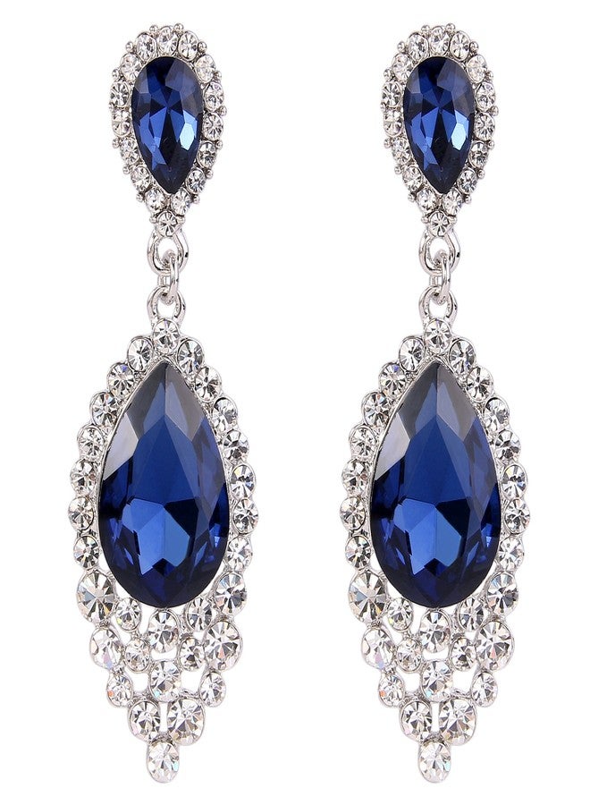 BriLove Wedding Bridal Dangle Earrings for Women Crystal Teardrop Cluster Beads Chandelier Jewelry Navy Blue Sapphire Color Silver-Tone - Image 1