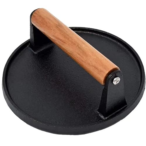 JNXHON Kitchen Tools Heavy Duty Cast Iron Grill Press Burger Press Bacon Press Barbecue Press Meat Press Burger Smasher Griddle Press Round Flat Press with Anti Scalding Wooden Handle (5.7") - Image 2