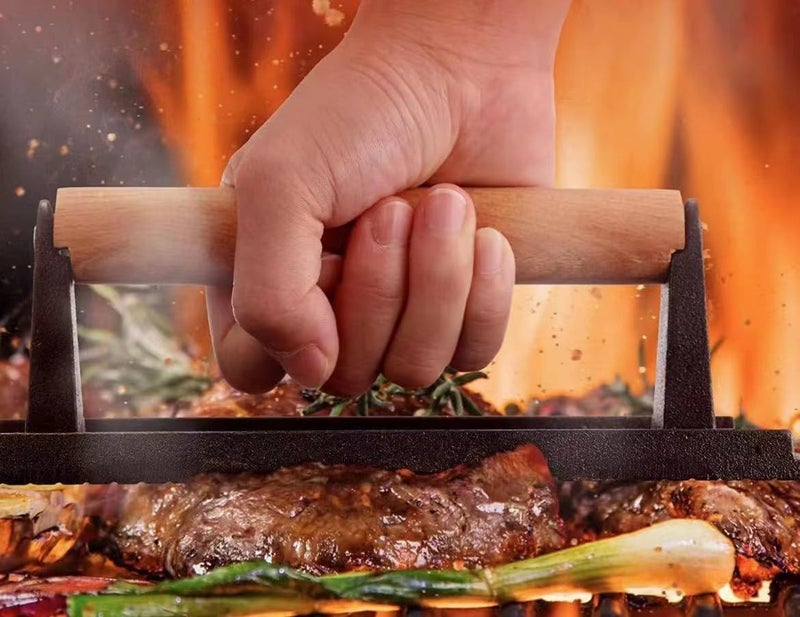 JNXHON Kitchen Tools Heavy Duty Cast Iron Grill Press Burger Press Bacon Press Barbecue Press Meat Press Burger Smasher Griddle Press Round Flat Press with Anti Scalding Wooden Handle (5.7") - Image 3