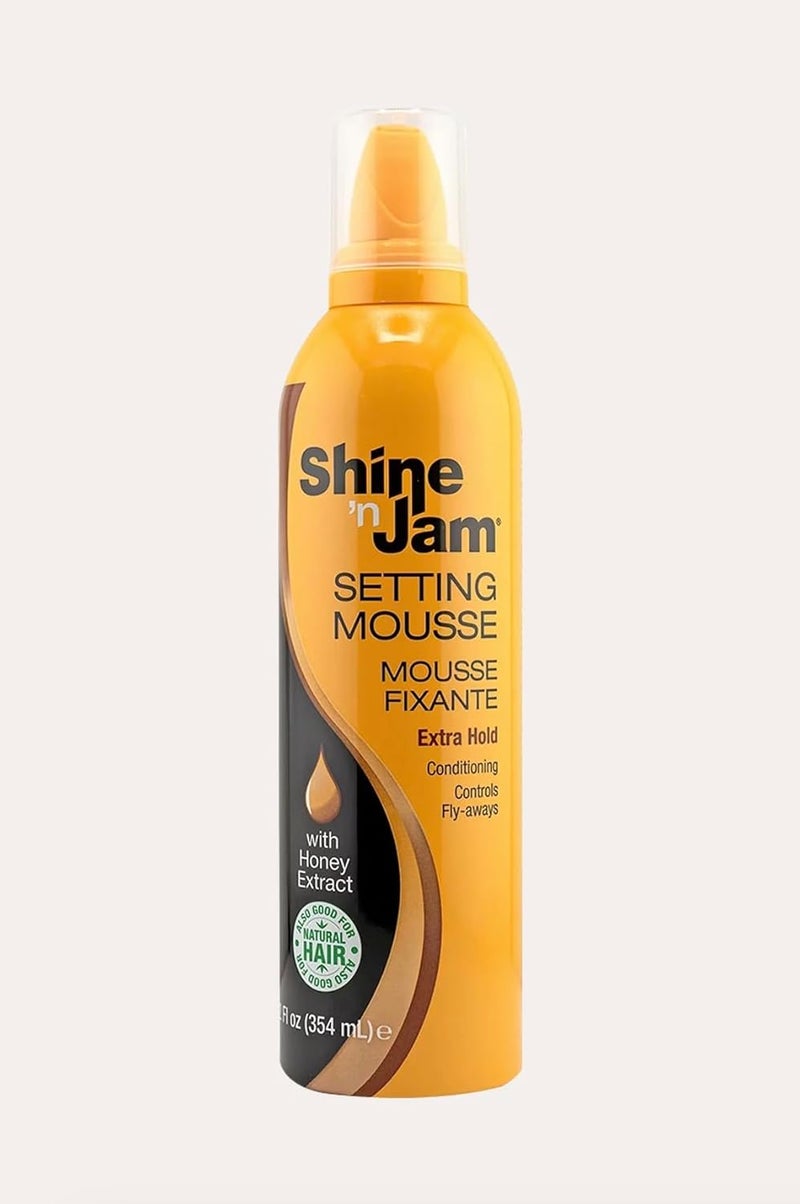 Shine n jam Setting Mousse mousse fixante conditioning controls flyaways Extra hold 12oz 354ml
