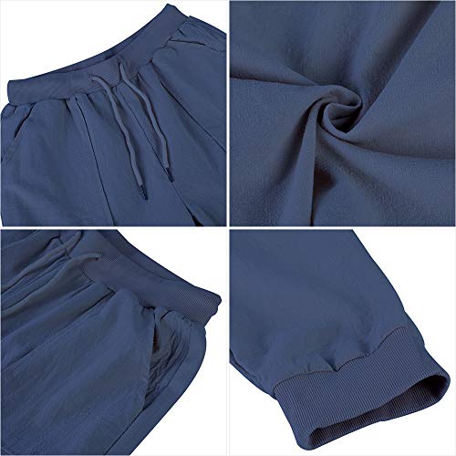 Puimentiua Womens Tapered Pants Cotton Linen Drawstring Back Elastic Waist Pants Casual Trousers with Pockets Navy - Image 2