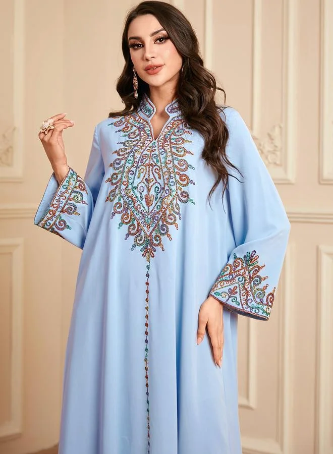 Take Two Light Blue Blue Embroidered Notch Neck Jalabiya for Women | Best Price UAE