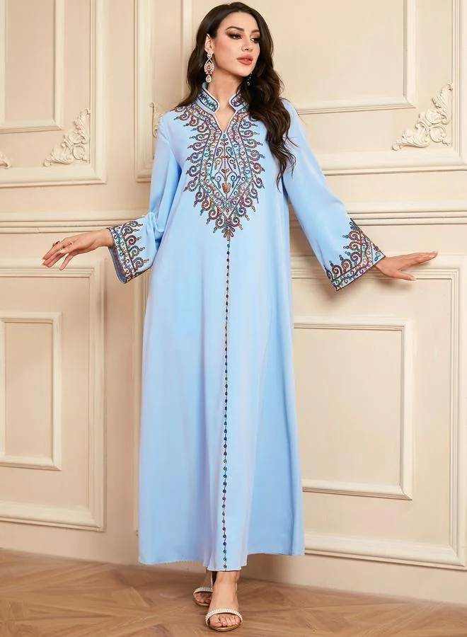 Take Two Light Blue Blue Embroidered Notch Neck Jalabiya for Women | Best Price UAE