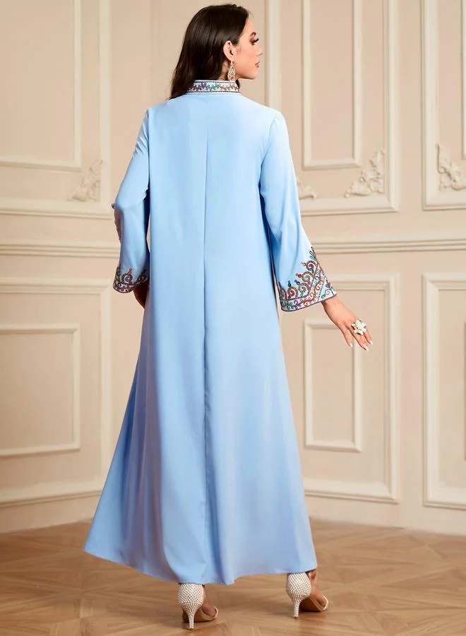 Take Two Light Blue Blue Embroidered Notch Neck Jalabiya for Women | Best Price UAE