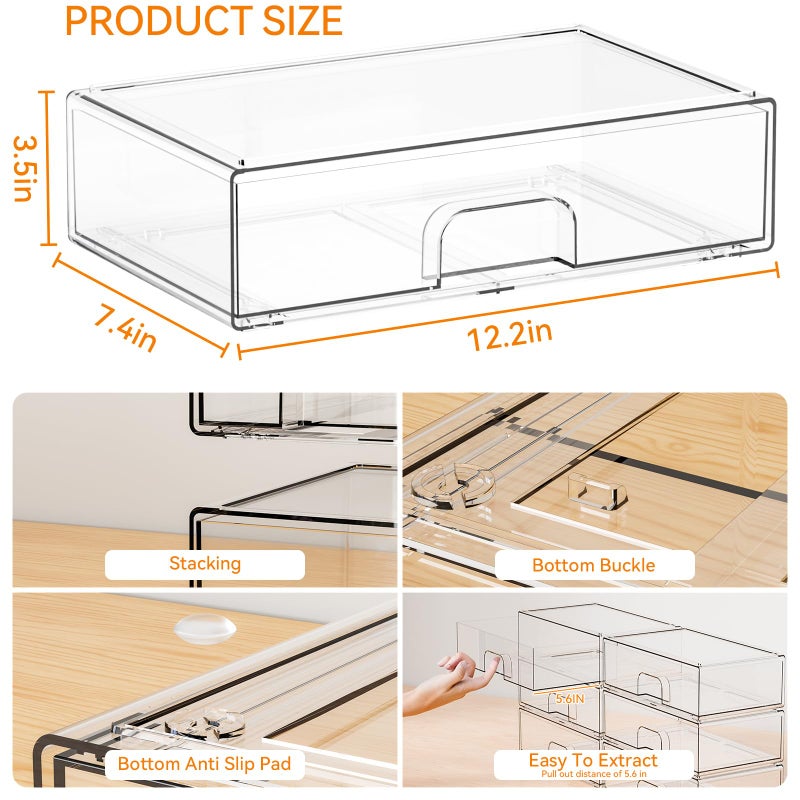 Yieach 2 Pack Acrylic Drawer Organizer,12.2''W Clear Stackable Storage Drawers,Acrylic Boxes for Storage Makeup Palettes,Cosmetics,Pull Out Bathroom Storage Bins for Hair Products,Medicine Cabinet Organizer - Image 3