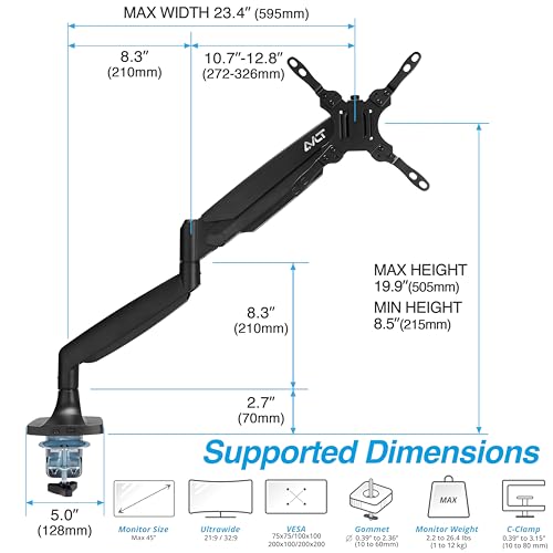 AVLT Single 17"-45" Monitor Arm Desk Mount Premium Mechanical Spring fits One Flat/Curved/Ultrawide Monitor Full Motion Height Swivel Tilt Rotation Adjustable, Black - Image 2
