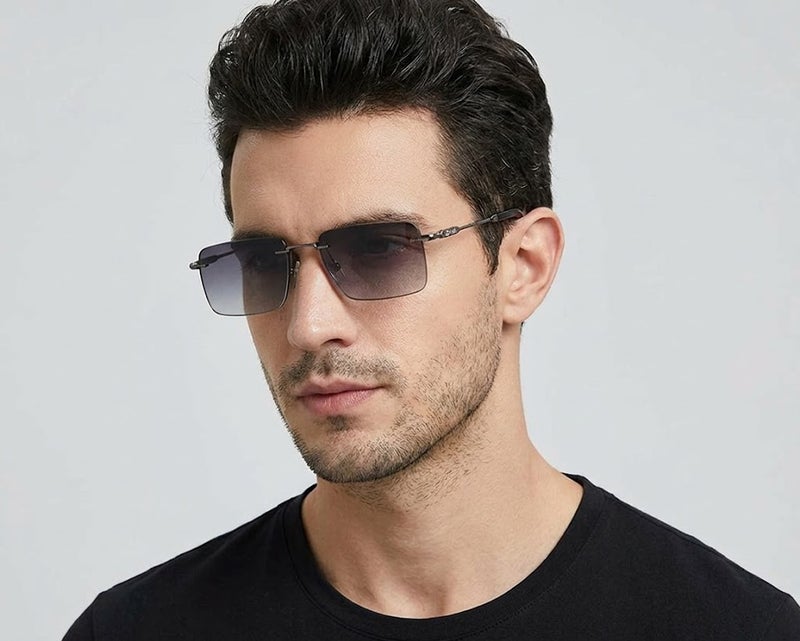 Police SPLP35 Col.0301 57 Rectangle Rimless Sunglasses For Men - Gunmetal Frame with Gradient Grey Lenses - Image 4