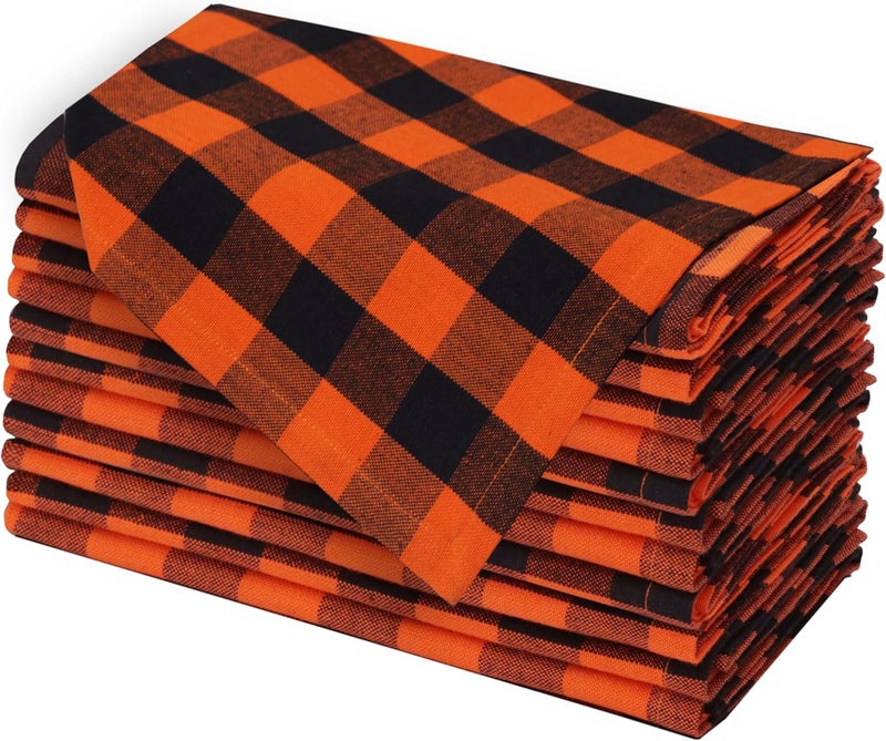COTTON CRAFT Halloween Cloth Napkins  Set of 12 Pure Cotton Dinner Napkins  Soft Reusable Washable Halloween Party Fall Harvest Holiday Gingham Check Plaid Napkins  17 x 17 inches  Orange Black - Image 1