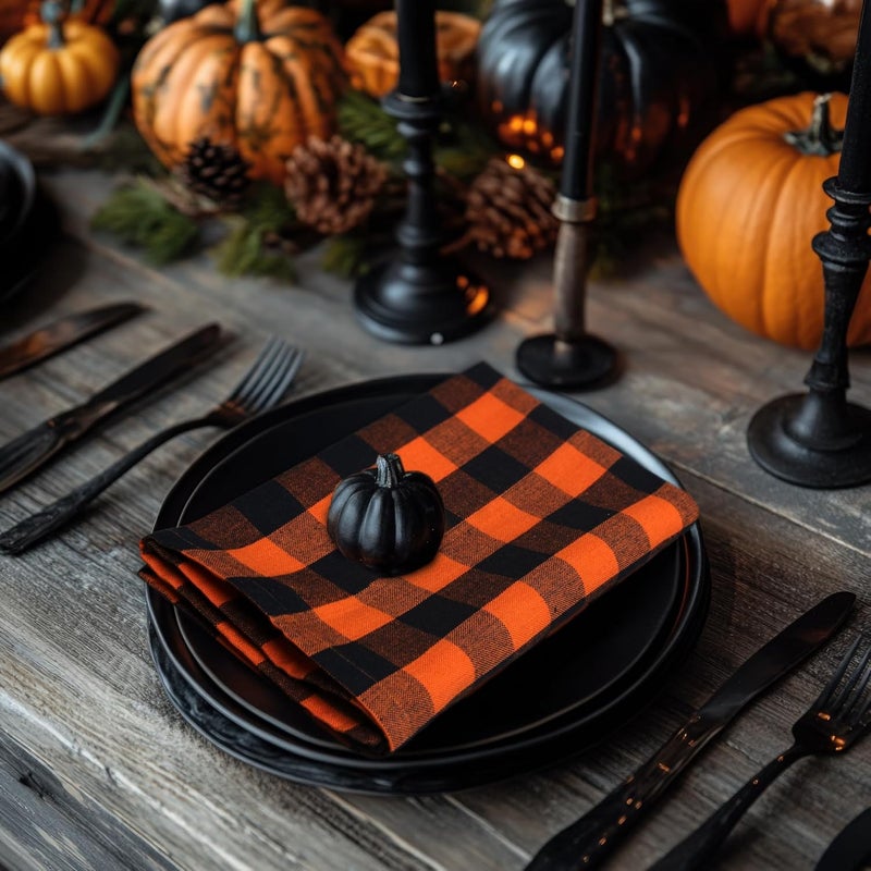 COTTON CRAFT Halloween Cloth Napkins  Set of 12 Pure Cotton Dinner Napkins  Soft Reusable Washable Halloween Party Fall Harvest Holiday Gingham Check Plaid Napkins  17 x 17 inches  Orange Black - Image 2