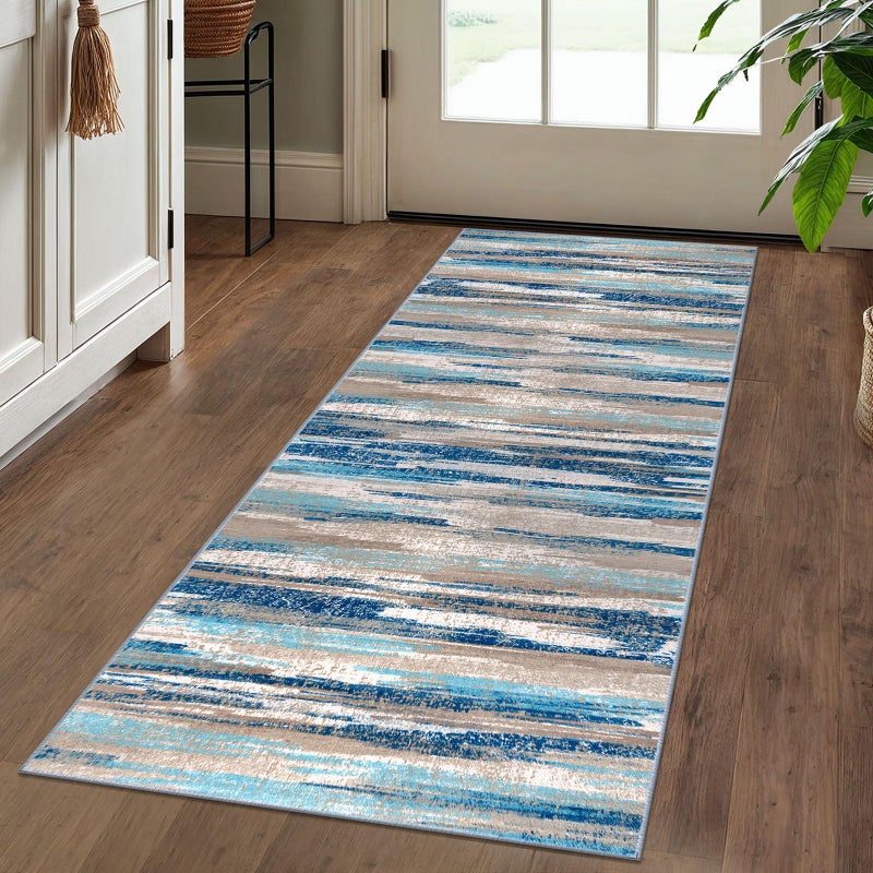 Lansny Modern Abstract Runner Rug 2x5, Blue Washable Entryway Kitchen Runner Non-Slip Soft Hallway Rug Runner Thin Print Faux Wool Carpet for Bedroom Laundry Room Indoor - Image 2