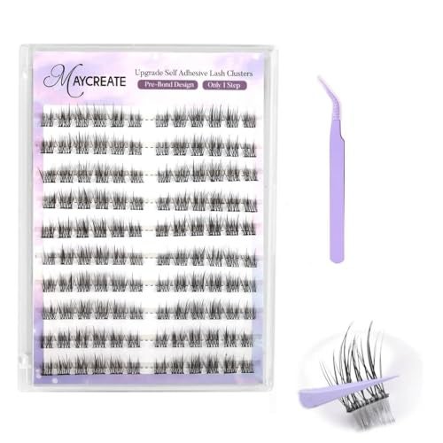 MAYCREATE® 120Pcs Self Adhesive Eyelashes Kit, Natural Look Clusters No Glue Needed Wispy Reusable Press on Lashes Pre-Glue Clear Band 11-13mm with Lash Tweezers - Image 1
