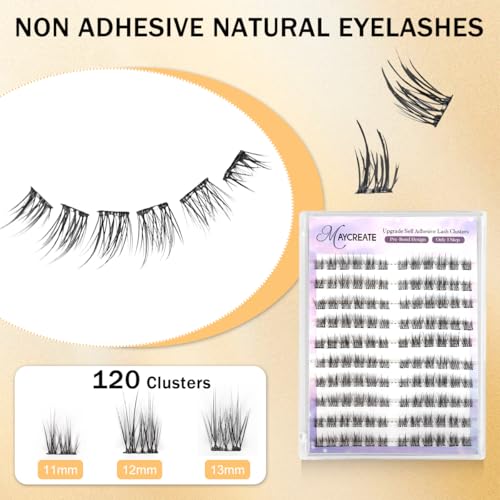 MAYCREATE® 120Pcs Self Adhesive Eyelashes Kit, Natural Look Clusters No Glue Needed Wispy Reusable Press on Lashes Pre-Glue Clear Band 11-13mm with Lash Tweezers - Image 2