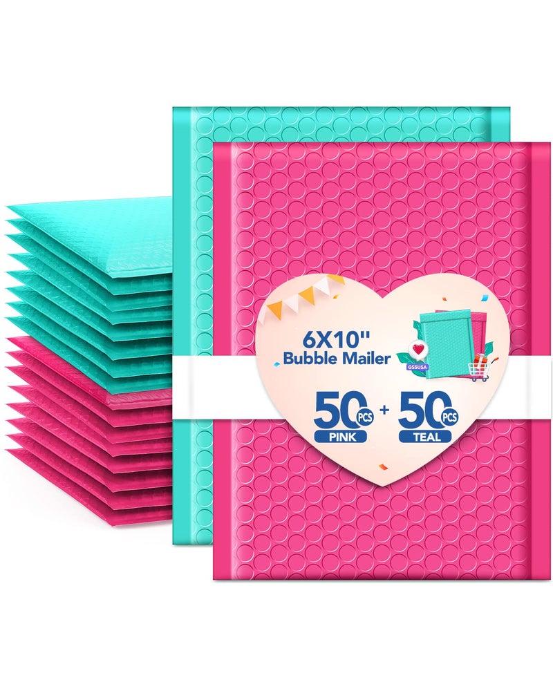 GSSUSA Bubble Mailers 6x10 100 Pack Usable Size 6x9 Small Bubble Mailer Padded Envelopes with 50 Pink 50 Teal Cute Bubble Mailers SelfSeal Bubble Envelopes Mailing for Small Business Mixed Colors