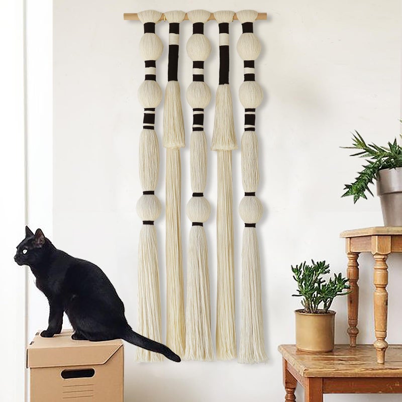 Flber Macrame Wall Hanging Tassels Sphericity Cotton Textile Hanging Geometric Yarn Wall Art for Bedroom Living Room Decor 15.7" W x 39" L - Image 1