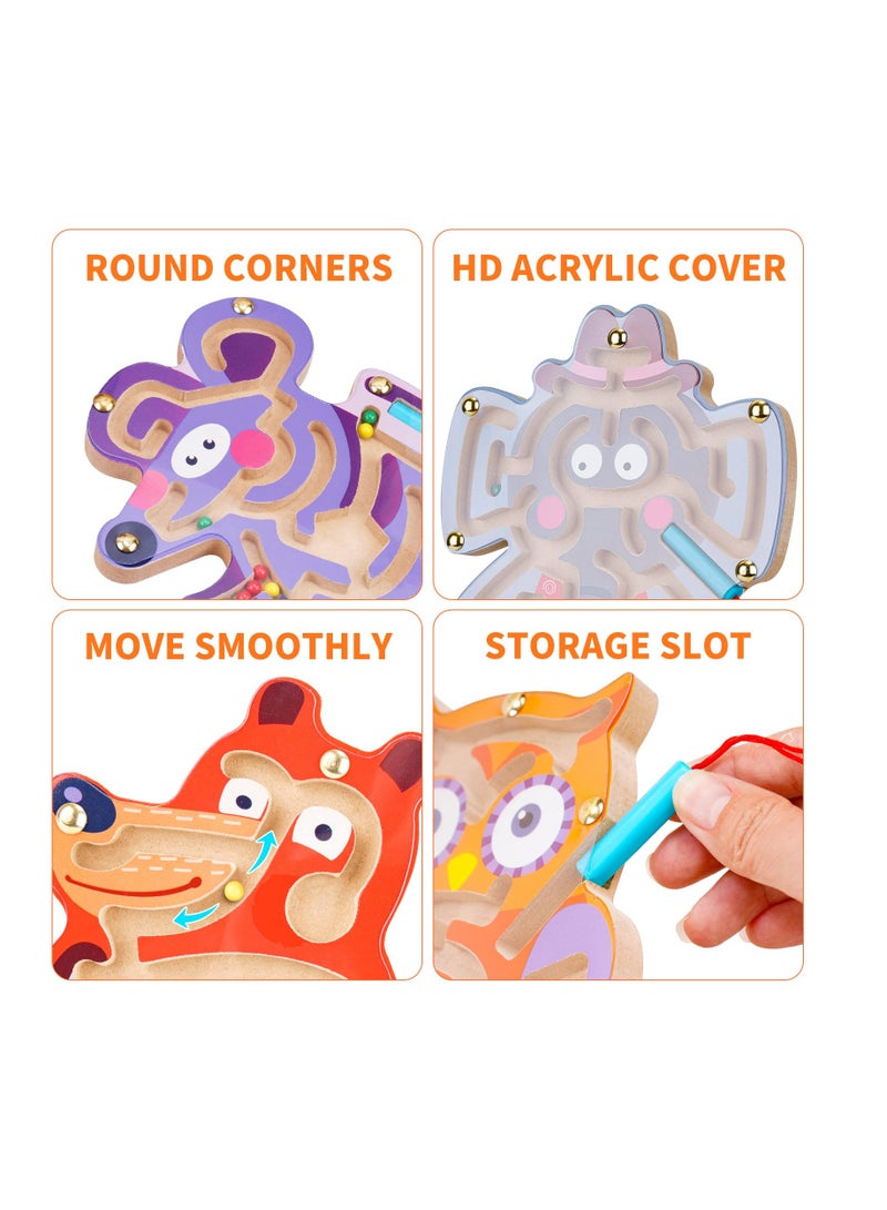 SOLARAE 4PCS Animal Magnetic Maze Toys for Kids, Interactive Puzzle Game Board, Montessori Labyrinth, STEM Activity for Child Fine Motor Skill Development, Preschool Birthday Gift (Wooden, 7''x8'') - Image 2