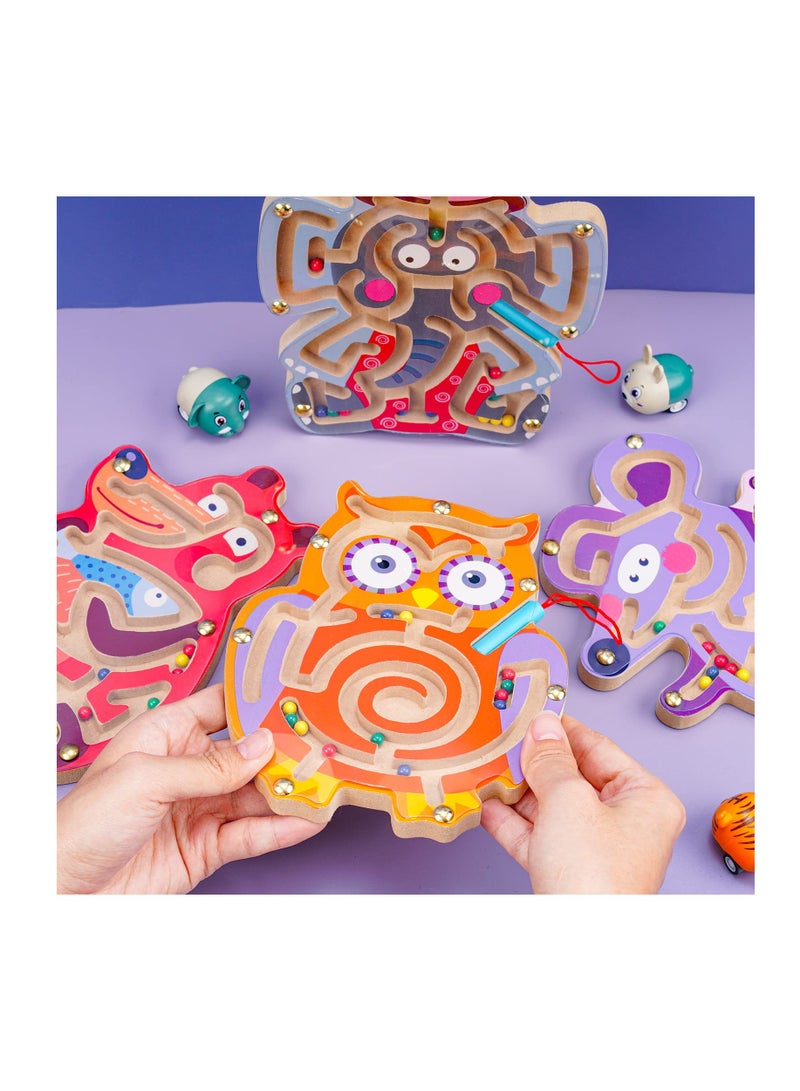 SOLARAE 4PCS Animal Magnetic Maze Toys for Kids, Interactive Puzzle Game Board, Montessori Labyrinth, STEM Activity for Child Fine Motor Skill Development, Preschool Birthday Gift (Wooden, 7''x8'') - Image 5