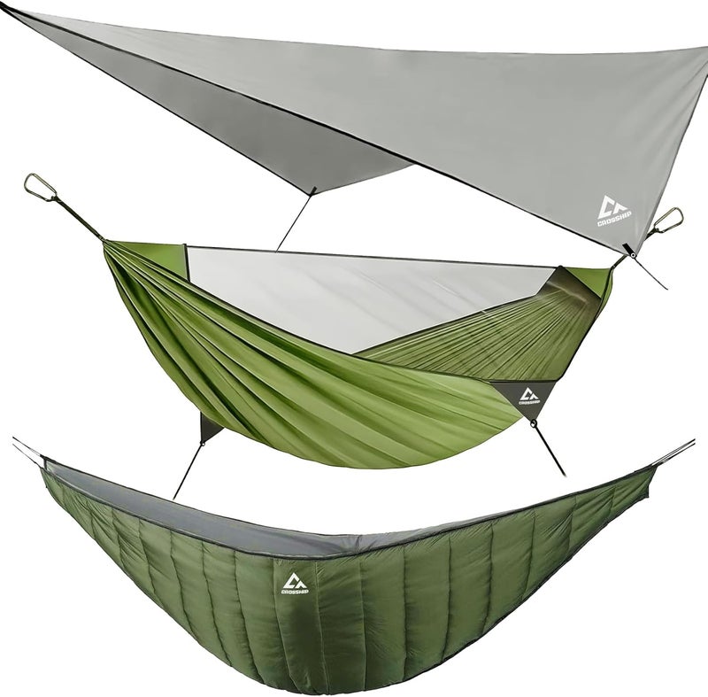 CROSSHIP Camping Hammock with Mosquito Net & Hammock Underquilt and Rain Fly Tarp - Portable Hammocks for Indoor, Outdoor, Hiking, Backpacking, Backyard, Beach & Travel (Hold Up to 500lbs) - Image 1