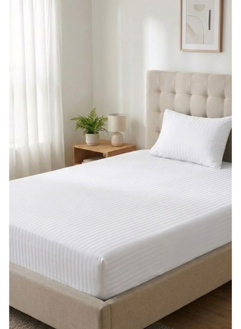 قطني طقم ملاءة سرير مفردة من قطعتين من الألياف الدقيقة - مخطط أبيض 90×190 سم مع شريط مطاطي كامل وغطاء وسادة واحد - Image 1