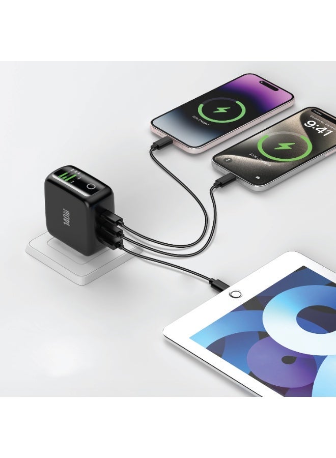 جرين ليون محول GaNPremium بقدرة إجمالية 140 واط مع منفذين USB-C ومنفذ USB-A واحد، متوافق مع أجهزة اللابتوب، مراقبة ذكية لدرجة الحرارة، جاهز للسفر العالمي، شحن متعدد الأجهزة - Image 2