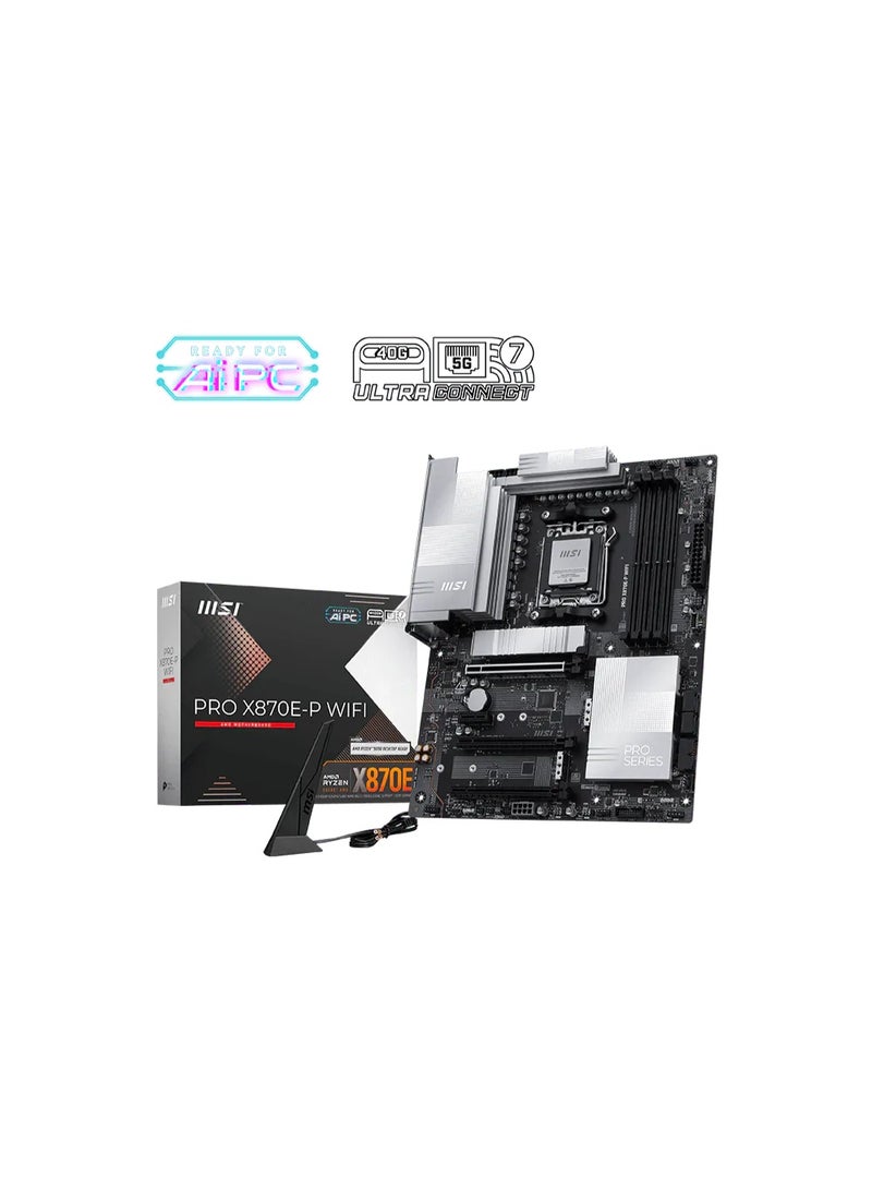 MSI PRO X870E-P WIFI ATX Motherboard – AMD X870E Chipset, AM5 Socket, DDR5 8200+MHz (OC) up to 256GB, PCIe 5.0 x16, PCIe 5.0 M.2, 3× M.2 Slots, Wi-Fi 7, 5G LAN, USB4 40Gbps Type-C, HDMI 2.1, Bluetooth 5.4, RAID Support, ATX Form Factor, Black | 911-7E70-014 - Image 1