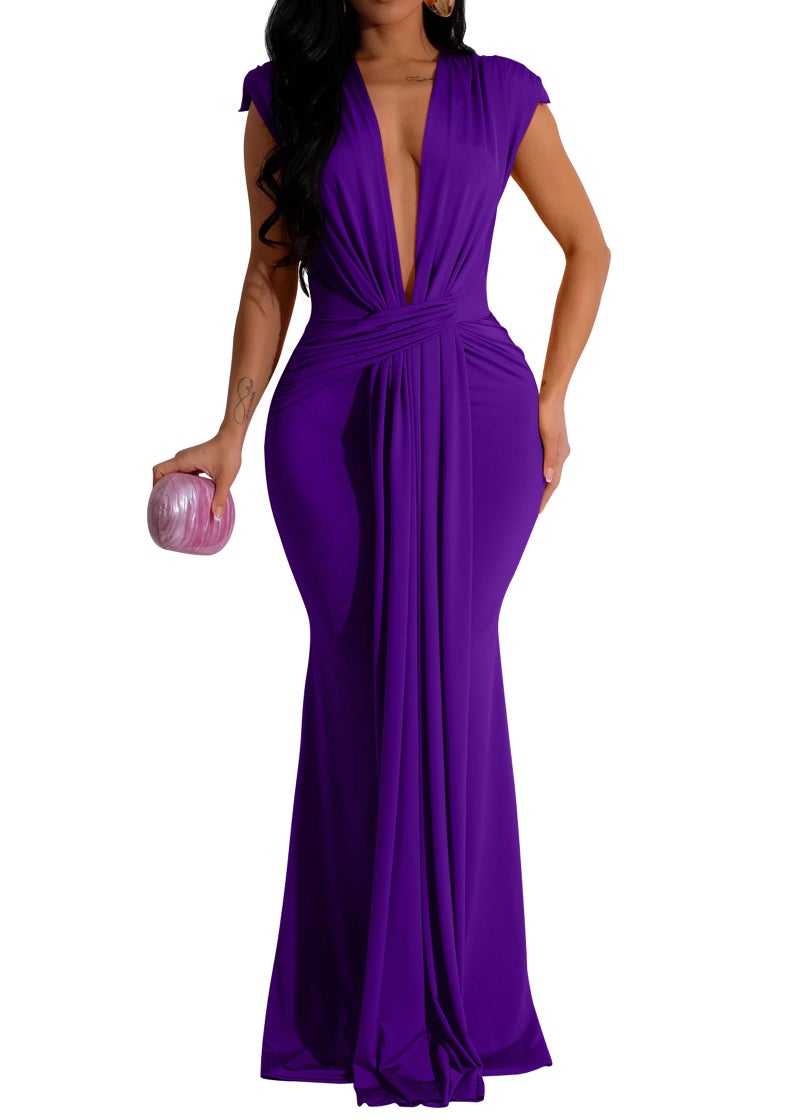 Memoriesea Women's Elegant Sleeveless Deep V Neck Bodycon Party Evening Gown Maxi Dress Purple - Image 1