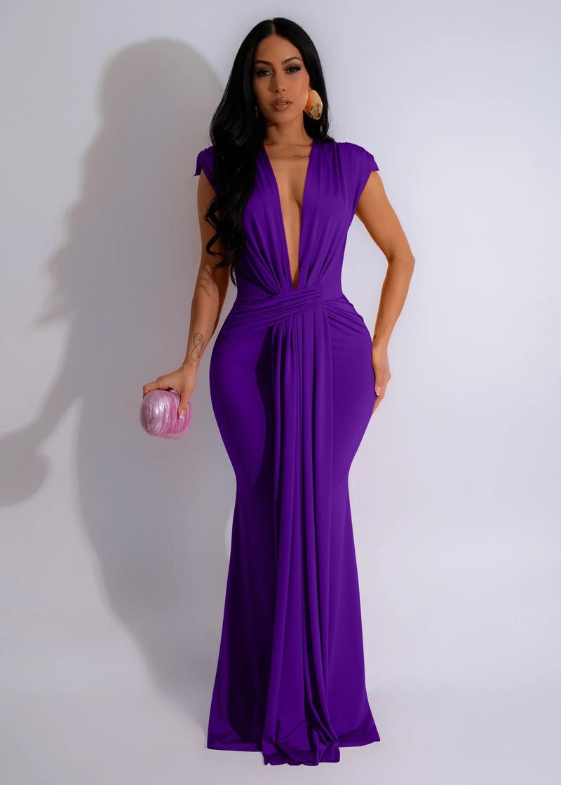 Memoriesea Women's Elegant Sleeveless Deep V Neck Bodycon Party Evening Gown Maxi Dress Purple - Image 2