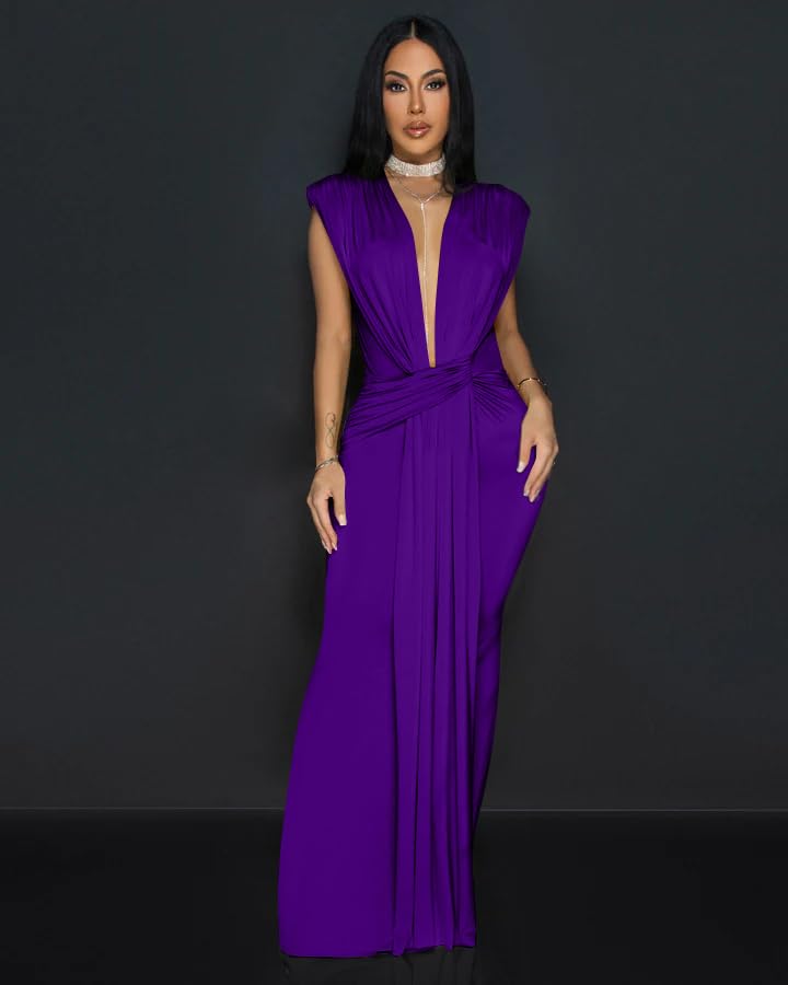 Memoriesea Women's Elegant Sleeveless Deep V Neck Bodycon Party Evening Gown Maxi Dress Purple - Image 3