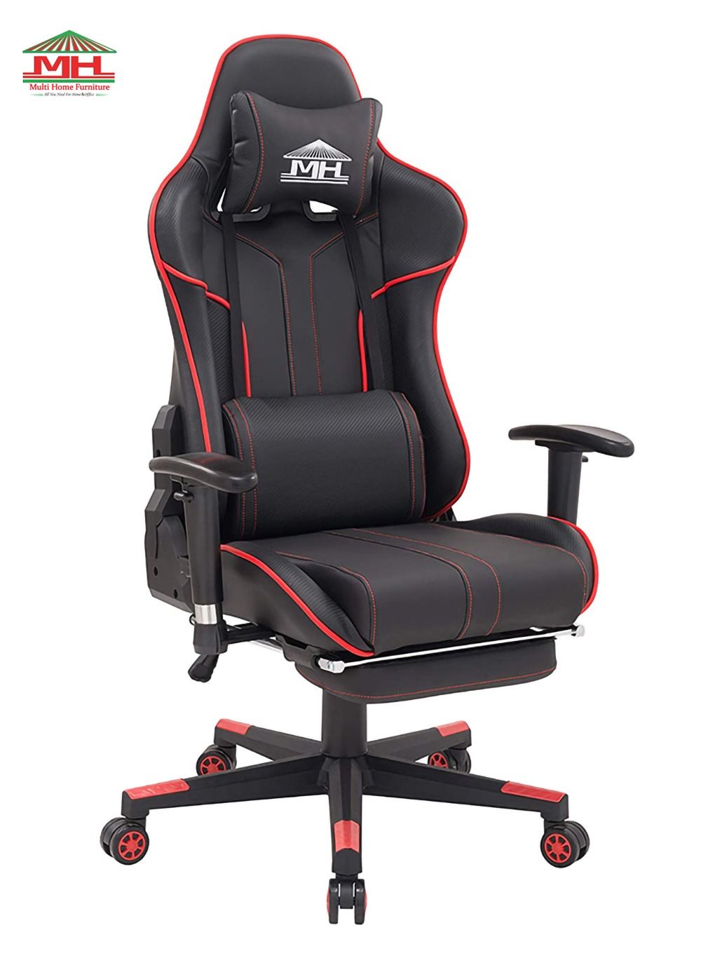 Multi Home Furniture Black & Red Piping Gaming Chair with Foot Rest | Ergonomic Chair & Recliner Chair Back with Headrest & Lumbar Support | High-Back PU Leather 360° Swivel Chair & Office Chair for Gaming PC