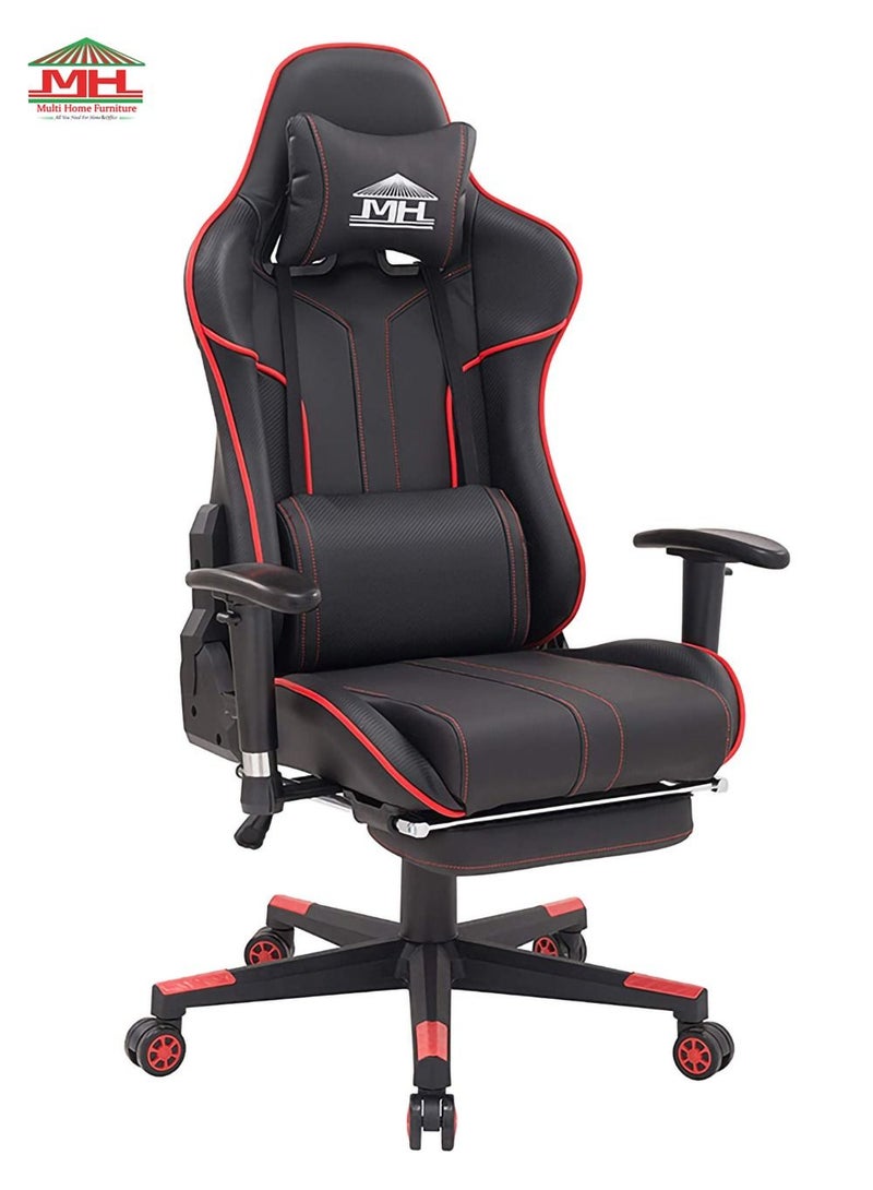 Multi Home Furniture Black & Red Piping Gaming Chair with Foot Rest | Ergonomic Chair & Recliner Chair Back with Headrest & Lumbar Support | High-Back PU Leather 360° Swivel Chair & Office Chair for Gaming PC - Image 1