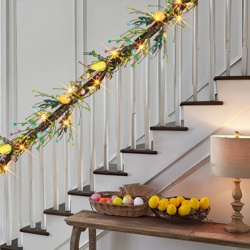 NEROSUN 2 Pack 12 FT 40 LED Battery Operated Lighted Easter Egg Garland with 8 Modes, Artificial Green Plastic Garland for Indoor/Outdoor Home Fireplace Party Door Decoration - Image 4