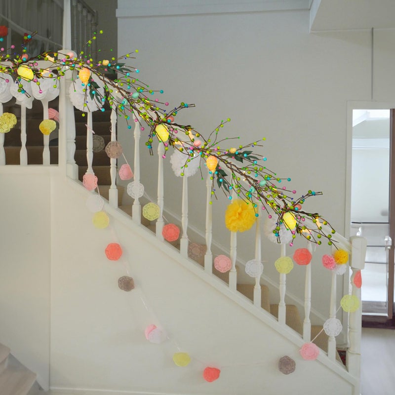 NEROSUN 2 Pack 12 FT 40 LED Battery Operated Lighted Easter Egg Garland with 8 Modes, Artificial Green Plastic Garland for Indoor/Outdoor Home Fireplace Party Door Decoration - Image 2