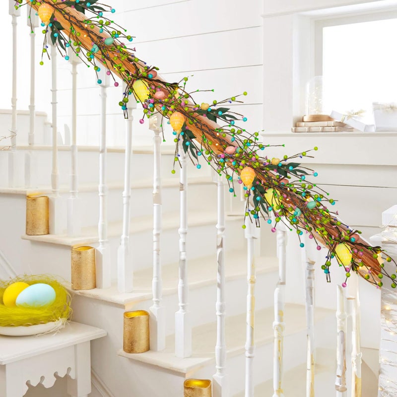 NEROSUN 2 Pack 12 FT 40 LED Battery Operated Lighted Easter Egg Garland with 8 Modes, Artificial Green Plastic Garland for Indoor/Outdoor Home Fireplace Party Door Decoration - Image 5