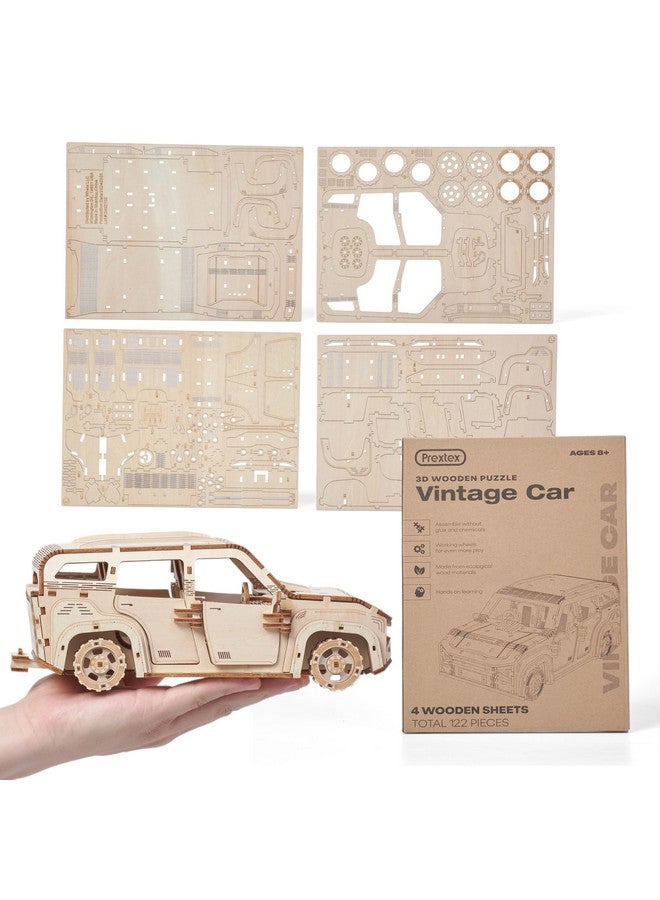 Prextex 3D Wooden Car Puzzle - Vintage Car Kit - 122 Precision Pieces Sturdy Wood - No Glue Needed For Assembly - Wooden Puzzles For Adults - Ideal For Hobbyists, Collectors, & Gifts - 12" Lx9 W  - Image 1