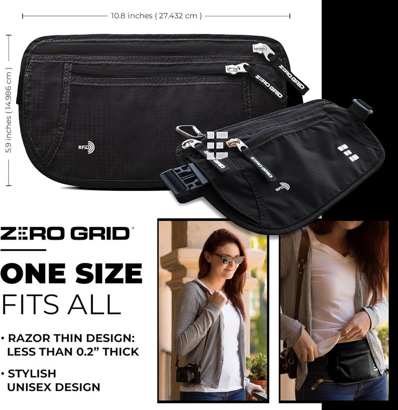 Zero Grid Money Belt for Secure Travel - RFID Blocking Slim Passport Holder - Hidden Waist Pouch for Cash, Credit Cards, Documents - Concealable Under Clothes, Water-Resistant Slim Fanny Pack for Men and Women - Image 2