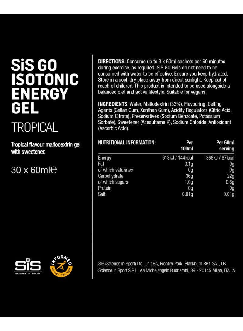 SIS GO Isotonic Energy Gels | 22g Carbohydrates | Low Sugar | Easily Digestible | Gluten Free | No Water Needed | Running Gels | Tropical Flavour | 30 Pack - Image 5