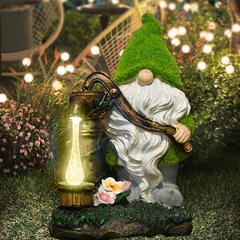 Creative Flocked Well Pump Gnome Solar Outdoor Light for Garden Path Statue Decor - Image 1