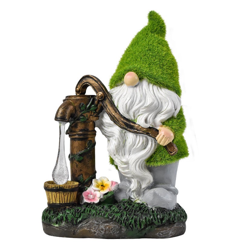 Creative Flocked Well Pump Gnome Solar Outdoor Light for Garden Path Statue Decor - Image 2
