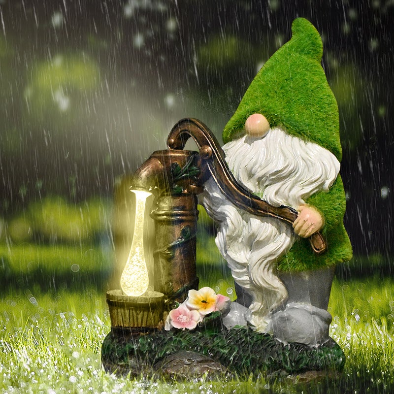 Creative Flocked Well Pump Gnome Solar Outdoor Light for Garden Path Statue Decor - Image 5