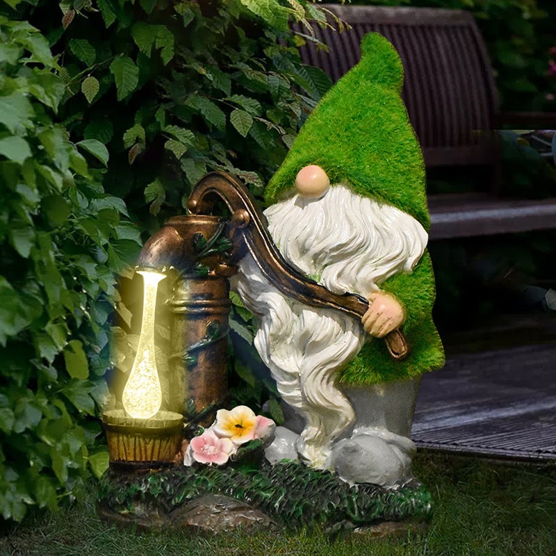 Creative Flocked Well Pump Gnome Solar Outdoor Light for Garden Path Statue Decor - Image 3
