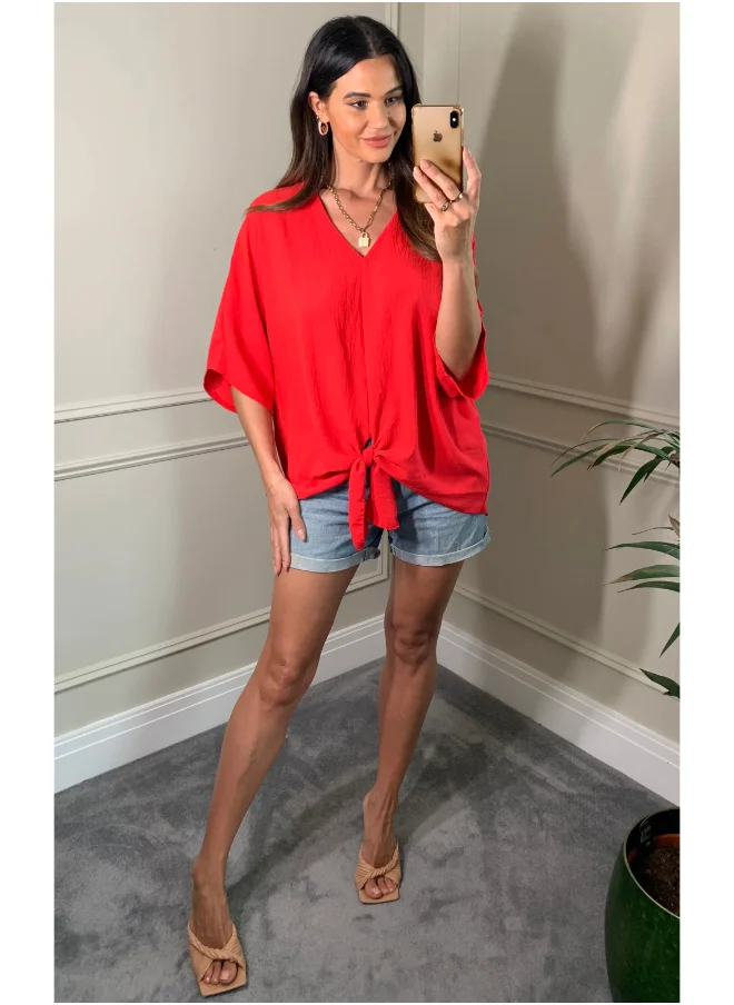 هوكستون جال Oversized V-Neck Blouse with Tie Front and 3/4 Sleeves in Red