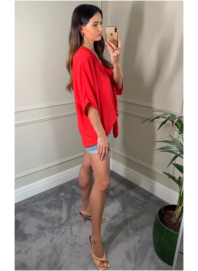 هوكستون جال Oversized V-Neck Blouse with Tie Front and 3/4 Sleeves in Red
