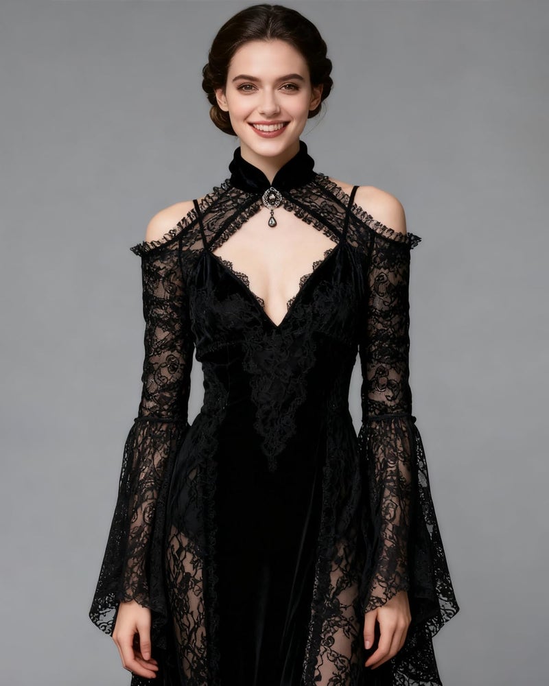 L'VOW Lace Bolero Shrug Gothic Flared Arm Sleeves Crop Top Open Front Victorian Lace Sleeves Witch Cosplay(Black,L) - Image 2