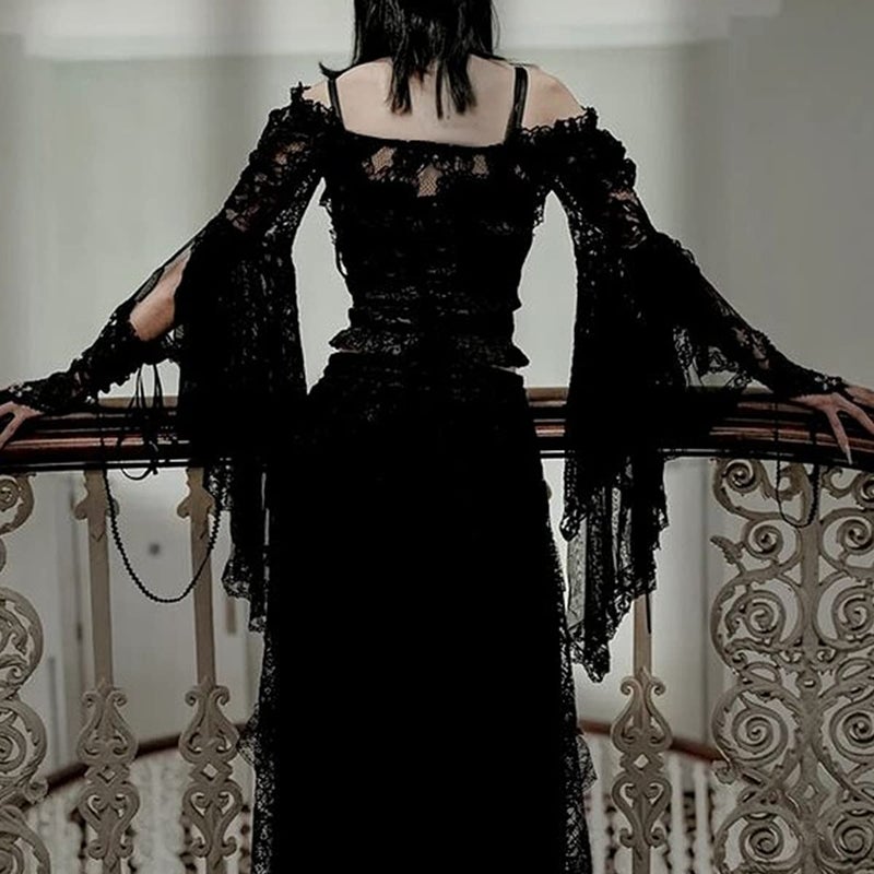 L'VOW Lace Bolero Shrug Gothic Flared Arm Sleeves Crop Top Open Front Victorian Lace Sleeves Witch Cosplay(Black,L) - Image 4