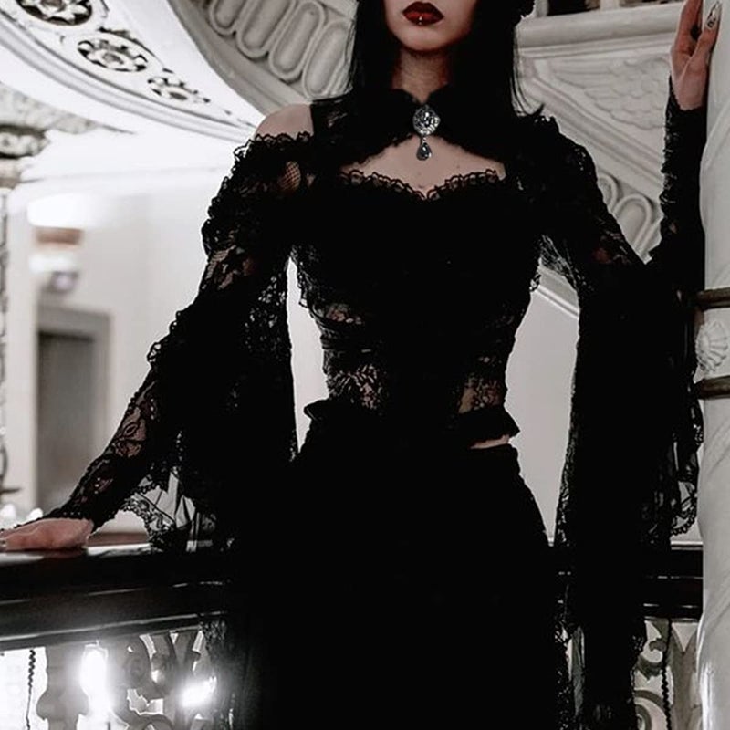 L'VOW Lace Bolero Shrug Gothic Flared Arm Sleeves Crop Top Open Front Victorian Lace Sleeves Witch Cosplay(Black,L) - Image 3