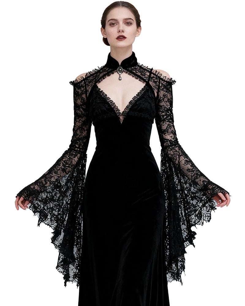L'VOW Lace Bolero Shrug Gothic Flared Arm Sleeves Crop Top Open Front Victorian Lace Sleeves Witch Cosplay(Black,L) - Image 1