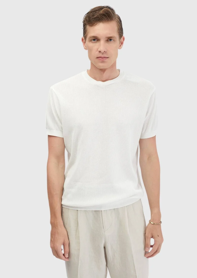 RAMSEY White Jacquard Crew Neck 100% Cotton T-Shirt